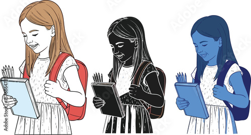 Three girls with backpacks holding books in different color schemes