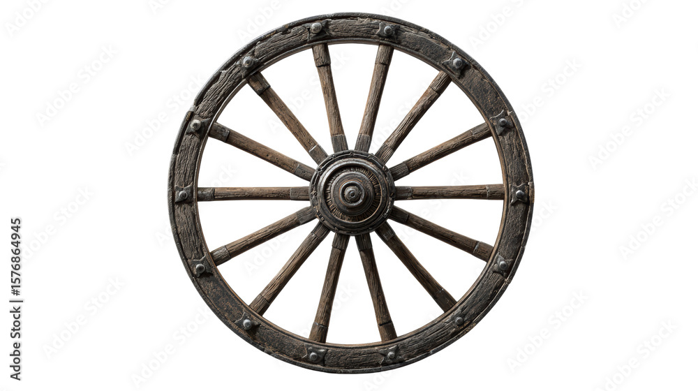 Fototapeta premium Rustic wooden wagon wheel isolated on a white background.