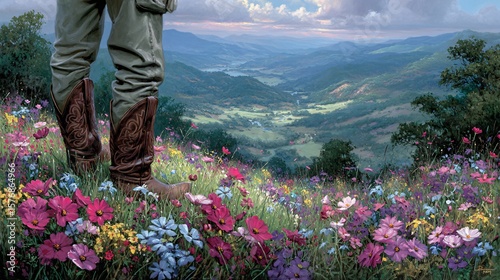 Person in Cowboy Boots Standing Amidst Vibrant Wildflower Landscape