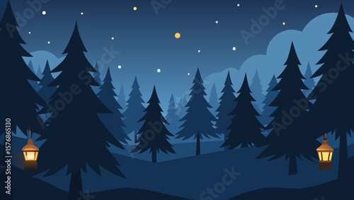 A serene Christmas night winter landscape with a decorated tree, fresh snow, and a hint of forest, perfect for a holiday celebration illustration