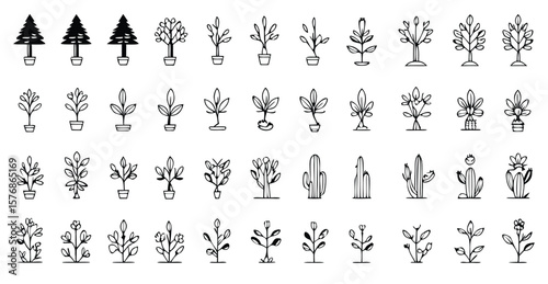 Tree, Potted Tree, Flower Pot, Leaf Plant, Indoor Plant, Cactus, Succulent, Blossoming Flower, Budding Plant, Houseplant, Garden Tree, Plant Line Icons, Plant Growth, Mini Tree, Decorative Pot