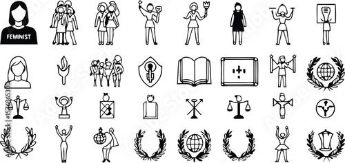 Feminist, Women Group, Female Rights, Girl Power, Protest, Book, Victory Pose, Laurel Wreath, Equality Scale, Global Rights, Award Badge, Speaker Podium, Leadership, Justice, Woman Empowerment.

