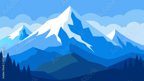 Snow-capped peaks pierce the blue sky, a majestic mountain landscape veiled in morning fog with icy valleys and silhouetted trees