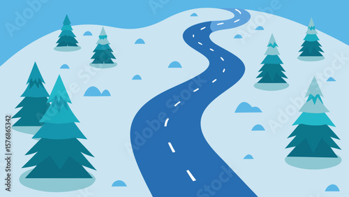Here's a concise description combining your terms for a stock photo title:

Winter forest landscape with snow-covered Christmas trees and snowflakes