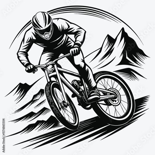 Dynamic black and white illustration of a downhill mountain biker racing through rugged terrain