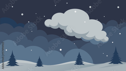 Christmas winter landscape with snowy trees under a cold night sky