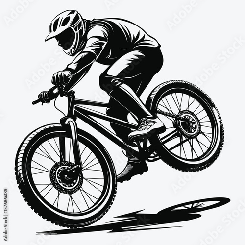 Dynamic black and white illustration of a mountain biker performing a jump