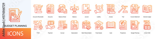 budget planning icon collection set. Containing Balance, Journal, Liability, Invoice, Trial, Income Statement icon