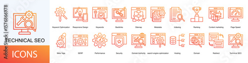 technical seo icon collection set. Containing Keywords, Backlinks, Sitemap, Metadata, Indexing, Ranking, Content marketing icon