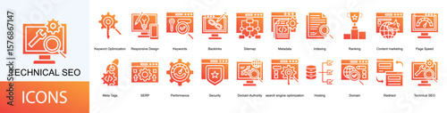 technical seo icon collection set. Containing Keywords, Backlinks, Sitemap, Metadata, Indexing, Ranking, Content marketing icon