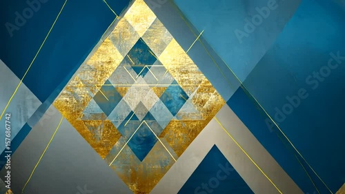 Elegant geometric design with blue hues and shimmering gold accents, dynamic animation