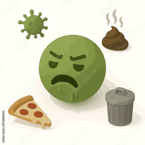 Sick Emoji Surrounded by Garbage and Unhealthy Foods