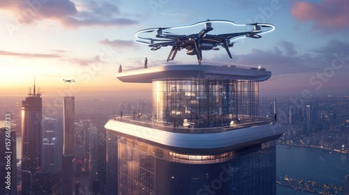 Drone Delivery on Skyscraper Rooftop at Sunset