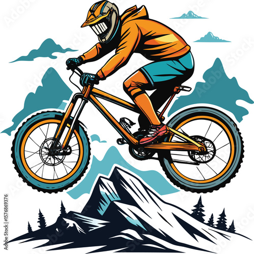 Mountain biker in action with helmet and orange jacket riding downhill