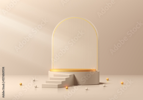 3D beige gold cylindrical podium background with stair and arch backdrop. Minimalist mockup pedestal abstract stand product display presentation, Stage for showcase. Platforms vector geometric design.