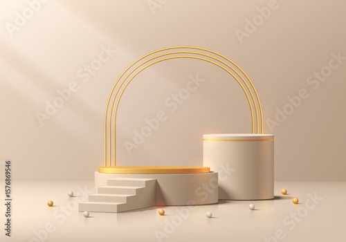 Realistic 3D beige cylinder pedestal podium set with stair and golden arch frames backdrop. Vector abstract studio room with geometric platform. Minimal scene for products showcase, Promotion display.