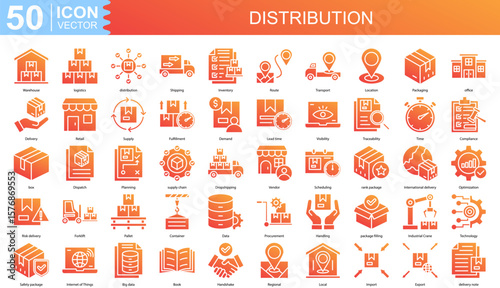 distribution icon collection set. Containing Warehouse, logistics, Shipping, Inventory, Route, Transport icon
