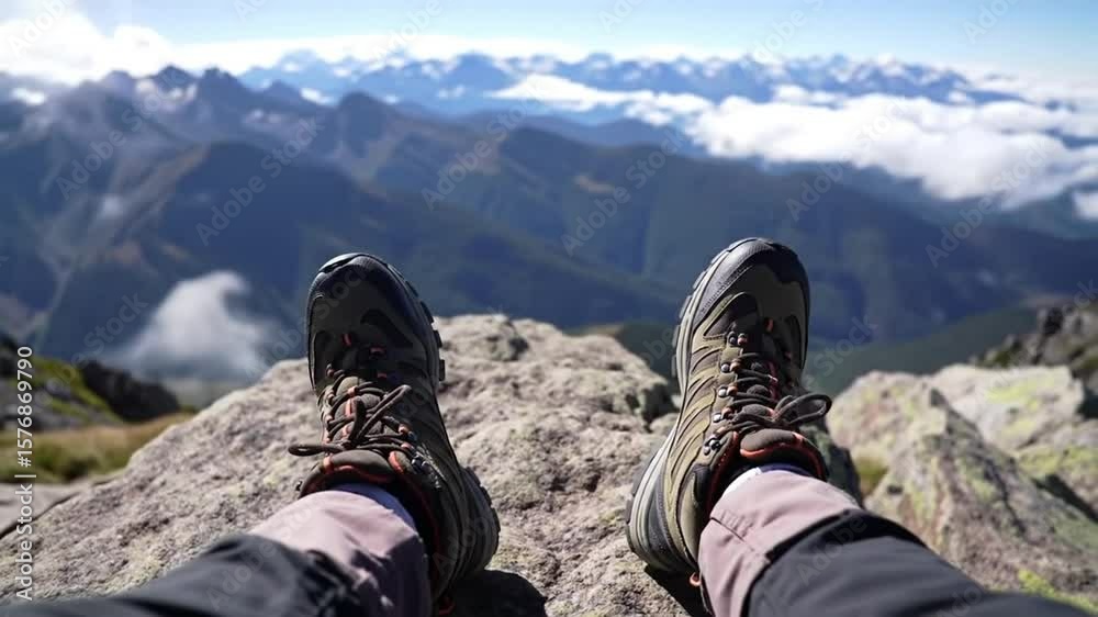 Viewpoint from the feet of a mountain climber who is sitting relaxed on the summit rock, facing the expanse of clouds and mountains lined up in the distance, natural lighting.