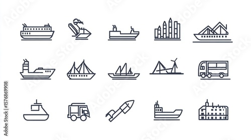 Collection of Transportation Icons: Ships, Boats, Vehicles, and Buildings