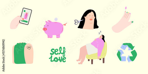 Self care. To-do list. Hair cut, manicure, pedicure, tattoo, self love, nap, recycle, gift buying, piggy bank, shopping. Flat vector illustration.
