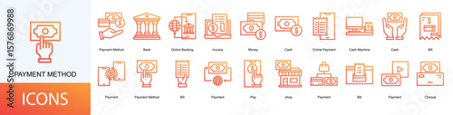 payment method icon collection set. Containing Bank, Online Banking, Invoice, Money, Cash, Online Payment icon