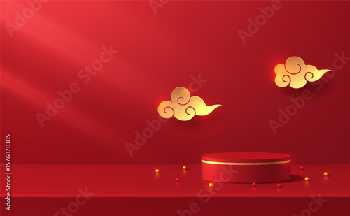 3D red cylindrical podium background with gold cloud in chinese new year festival scene. Abstract minimalist mockup or product display presentation, Stage showcase. Platforms vector geometric design.