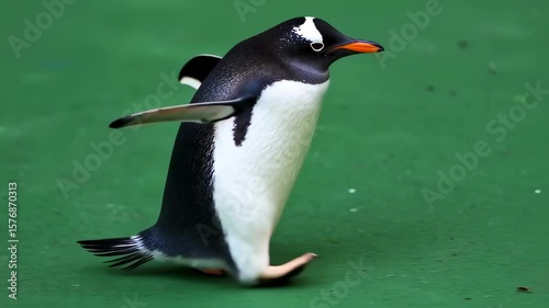 Elegant gentoo penguin waddling on green surface, captivating wildlife encounter