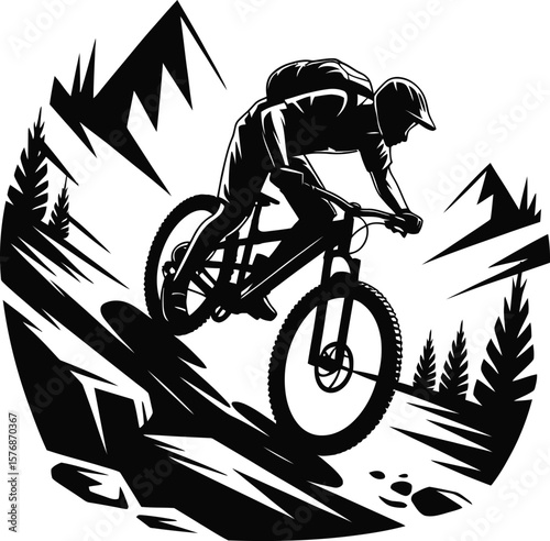 Silhouette of a mountain biker descending a steep rocky trail with pine trees