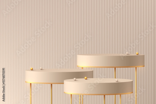 Realistic 3D beige cylinder pedestal podium with golden easel and vertical pattern background. Vector abstract room with geometric forms. Luxury minimal scene for products showcase, Promotion display.
