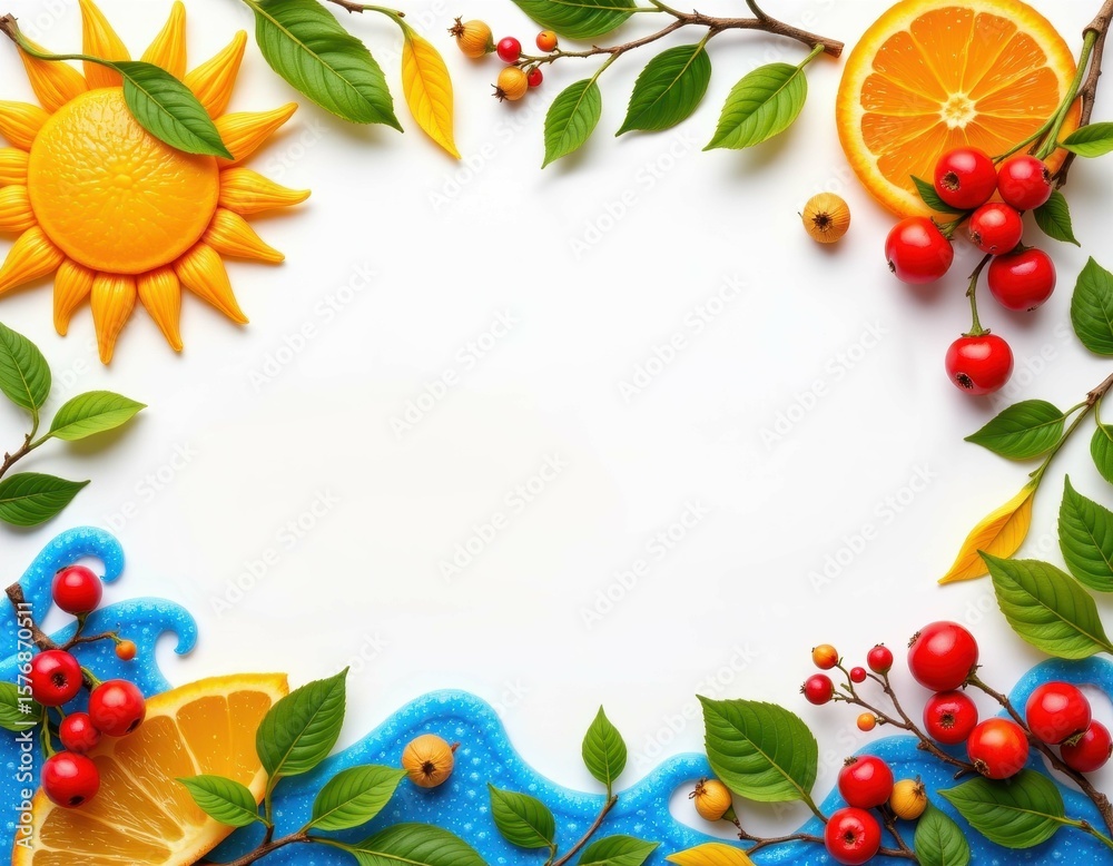 Fototapeta premium Tropical fruit and flower frame with colorful natural elements arranged as a decorative border