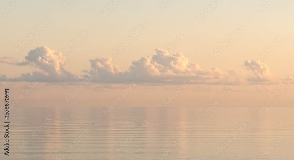 Naklejka premium Pastel sky drifting soft clouds calm ocean minimalist horizon warm lighting ultra-wide landscape calming room décor printable meditation wallpaper generative ai