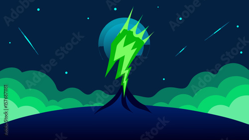 Dark deep blue night sky over the ocean with silhouetted trees and a diver observing marine life under the moon and stars