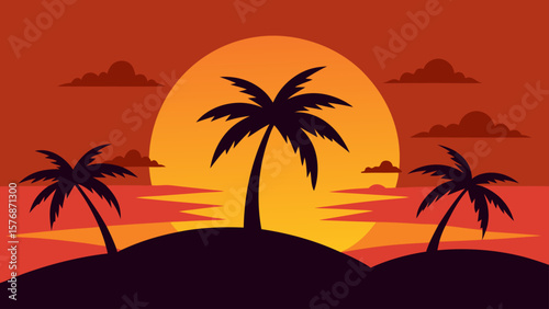 Tropical beach sunset with silhouetted palm trees