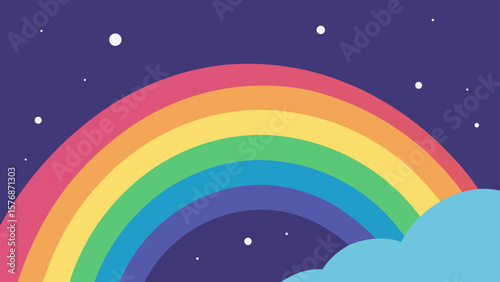Colorful rainbow brightens the sky with clouds, sun, and moon in a vibrant night nature landscape vector illustration