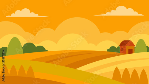 Vector illustration of a serene desert landscape at sunset with mountains, a lone tree silhouette, and an orange sky