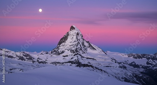 Hyper-detailed snow-covered mountain peak twilight sky soft pink purple gradient clouds moon glowing cinematic sharp rich depth landscape print wallpaper generative ai
