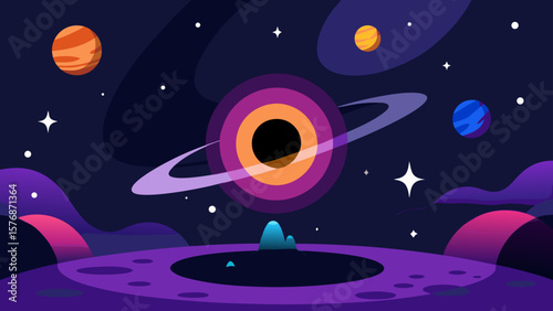 A vibrant cartoon vector illustration depicts an alien planet in the cosmos with a rocket flying past the moon and stars