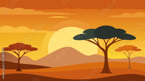 A vibrant sunset casts long silhouettes of trees across a desert landscape, the orange sky hinting at a perfect summer evening safari