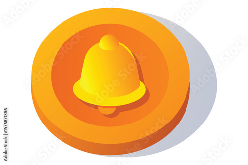3D isometric bell notification icon enclosed in a circular badge, vibrant orange color, reflective shiny plastic eps