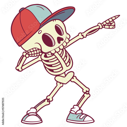Playful Cartoon Skeleton Dab Pose – Youthful Meme Style Illustration on White Background