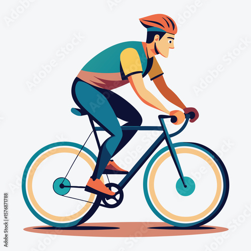 Stylized illustration of a cyclist wearing a helmet and cycling gear on a road bike