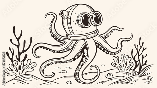Illustration of a steampunk octopus with goggles standing on the ocean floor near seaweed and shells