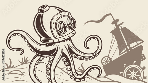 Octopus wearing diving helmet near a sunken ship in a vintage style illustration art design