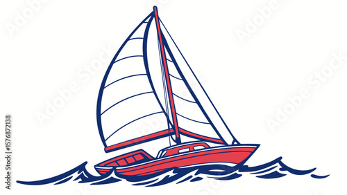 Illustration of a red and blue sailboat with white sails sailing on a wavy blue ocean water view