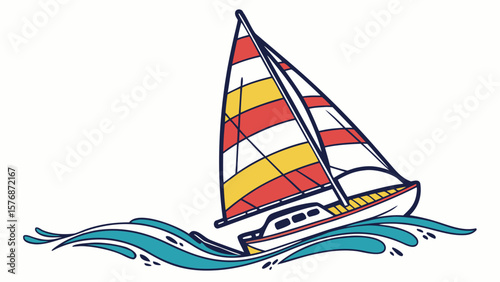 Illustration of a sailboat with striped sails sailing on stylized blue waves on a white background