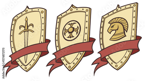 Three heraldic shields with sword cross and horse head crests and red ribbon banners below them