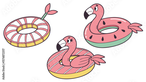 Illustration of three inflatable pool floats including a flamingo and a striped inner tube design