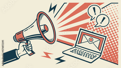 Hand holding megaphone with email on laptop and exclamation points in speech bubbles illustration