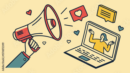 Hand holding megaphone with laptop showing woman and hearts and speech bubbles around it