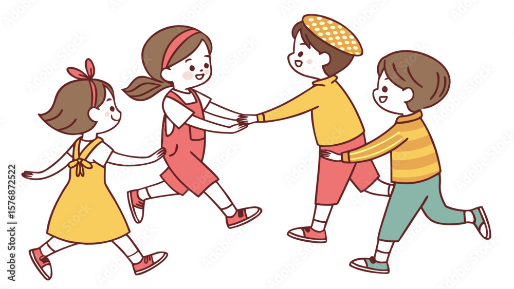 Naklejka premium Handmade picture of kids silhouette cartons walking, playing, dancing in happy mood sketch style artwork in a circle or straight line in white background vector illustration. 